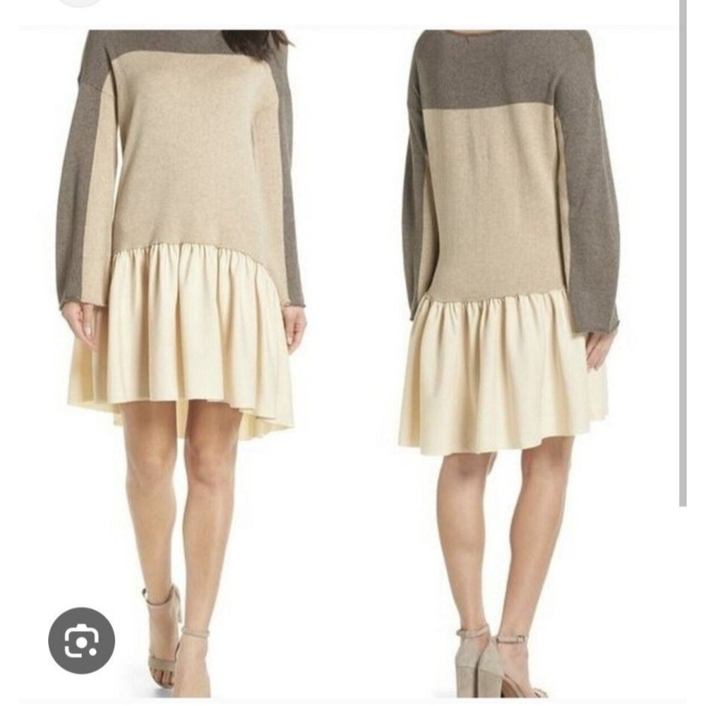 CAARA Colorblock Sweater Dress Tiered Ruffle Hem Tan Grey Long Sleeve M luxury